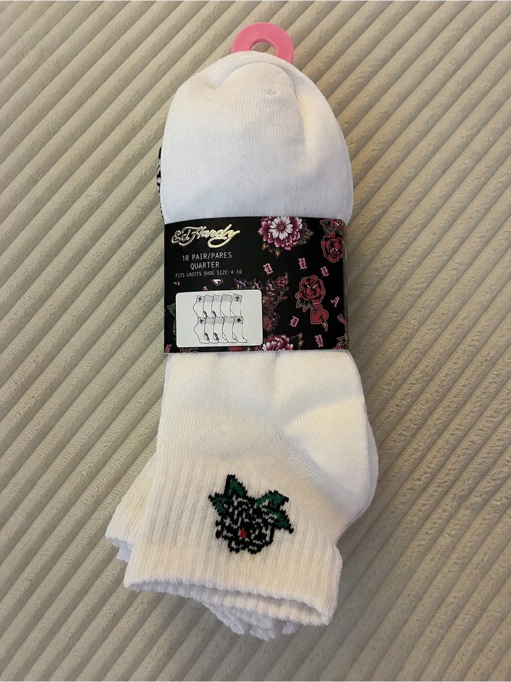 Ed Hardy White Quarter Ankle Socks with Embroidered Accents - 10 Pack